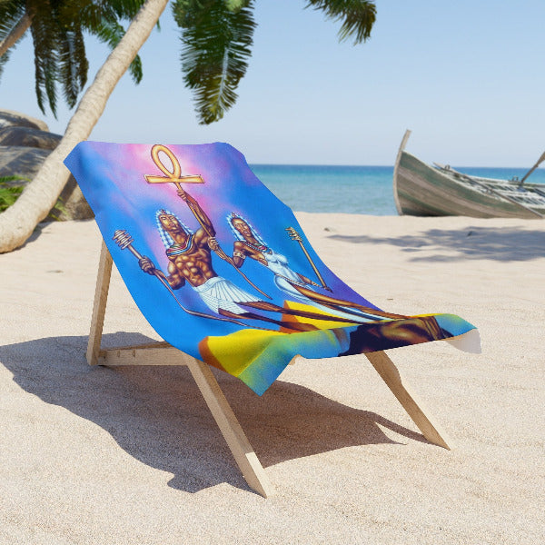 Ankh Life Symbol Beach Towel - Black Egyptian Royal Deities